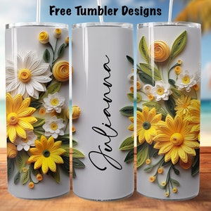 yellow 3d floral Seamless tumbler design, add your own text or name, personalize png sublimation, 20oz Skinny straight Tumbler Wrap download image 1