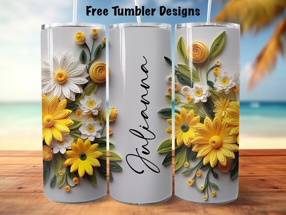 yellow 3d floral Seamless tumbler design, add your own text or name, personalize png sublimation, 20oz Skinny straight Tumbler Wrap download