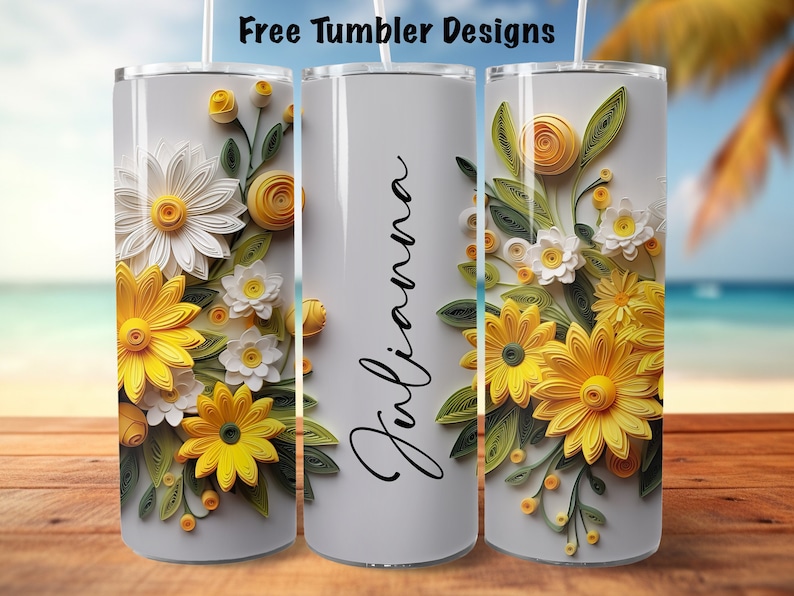 yellow 3d floral Seamless tumbler design, add your own text or name, personalize png sublimation, 20oz Skinny straight Tumbler Wrap download image 1