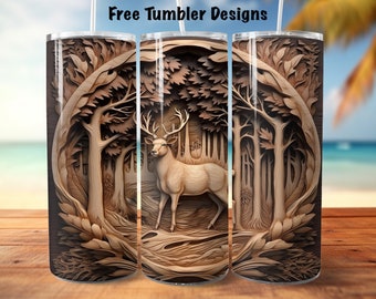 May include: A brown and white deer stands in a carved wooden forest scene. The deer is in the center of the image, with trees and leaves surrounding it. The scene is carved in a detailed and realistic style.