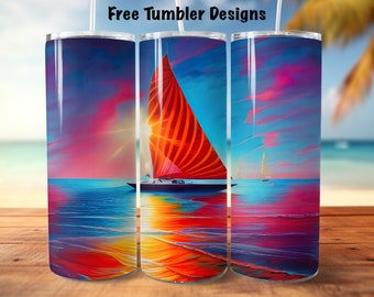 Sailboat Tumbler png seamless , colorful summer tumbler  , 20oz Skinny straight Tumbler Wrap, sailing sublimate , Digital Download