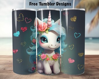 May include: Three stainless steel tumblers with a unicorn design. The unicorn is white with a blue mane and tail. It is wearing a flower crown and has a pink horn. The background is a dark gray with glitter hearts in various colors.