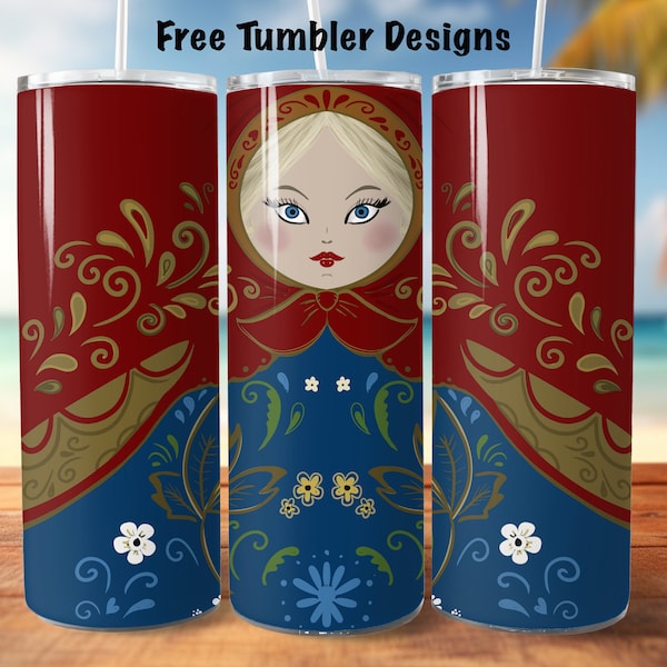 Seamless Tumbler Design,  MATRYOSHKA png, Russian nesting doll, red  blue 20oz Skinny straight Tumbler Wrap, Tumbler sublimation Download