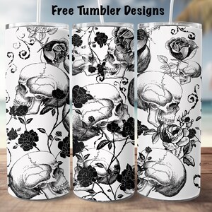 May include: Three white tumblers with a black and white design of skulls and roses. The design is repeated on each tumbler.