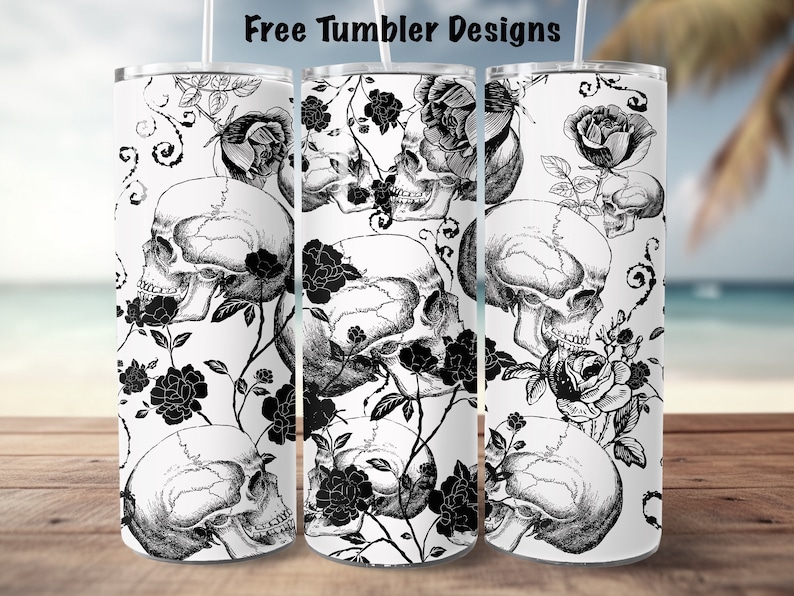 May include: Three white tumblers with a black and white design of skulls and roses. The design is repeated on each tumbler.