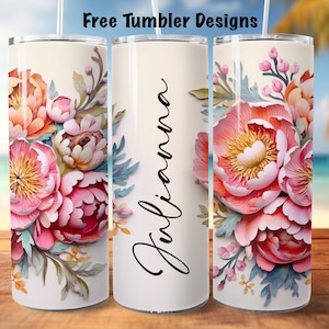 Personalize Colorful 3d flowers tumbler design, peonies add your text or name floral png for sublimation, 20oz Skinny straight Tumbler Wrap