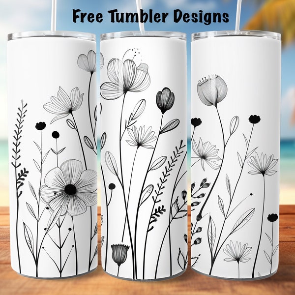 black and white wildflowers line art Seamless tumbler wrap, botanical png for sublimation, doodle flowers 20oz Skinny straight Tumbler Wrap