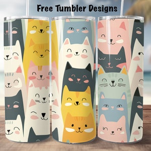 Cats Tumbler Design, kattenliefhebber tuimelaar png, 20oz Skinny rechte Tumbler Wrap voor sublimatie, instant download, katten patroon pastelkleuren