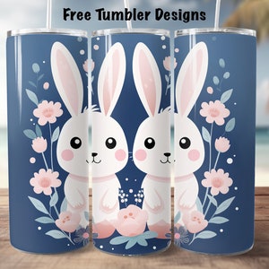 Seamless Tumbler design cute bunnies, cartoon rabbit  and flowers,  20oz Skinny straight Tumbler Wrap, digital download