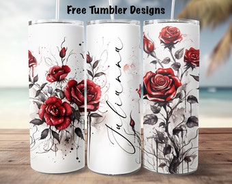 Tumbler Design gothic  ink roses for sublimation, red and black tumbler png to personalize, 20oz Skinny straight Tumbler Wrap download