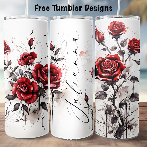 Tumbler Design gothic  ink roses for sublimation, red and black tumbler png to personalize, 20oz Skinny straight Tumbler Wrap download