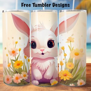 Seamless Tumbler design cute bunny, cartoon rabbit and flowers,  20oz Skinny straight Tumbler Wrap, digital download