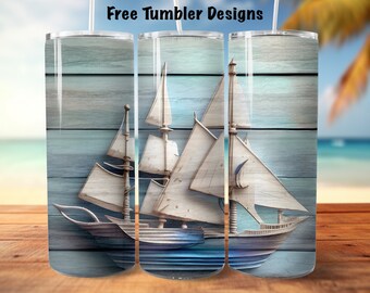May include: Three stainless steel tumblers with a design of a white sailboat on a blue and gray woodgrain background.