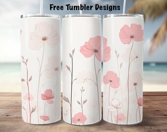 May include: Three stainless steel tumblers with a white background and a pink floral design. The flowers are stylized and have a watercolor effect.
