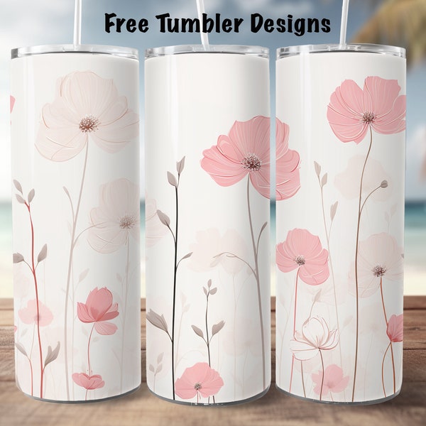 Pink boho flowers Seamless tumbler wrap, wildflowers png for sublimation, simple floral 20oz Skinny straight Tumbler Wrap,  download