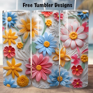 3d Tumbler Design, carved flowers, bright colors floral png sublimation, 20oz Skinny straight Tumbler Wrap, digital download