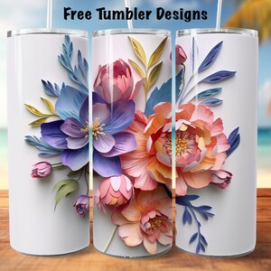 Nahtloser Tumbler Wrap mit bunten Aquarell 3D Blumen, Quilling png für Sublimation, 20 Unzen Skinny Straight Tumbler Design Download