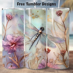 Dragonfly Tumbler wrap design , wildflowers and dragonfly muted colors png for sublimation, 20oz Skinny straight Tumbler Wrap download