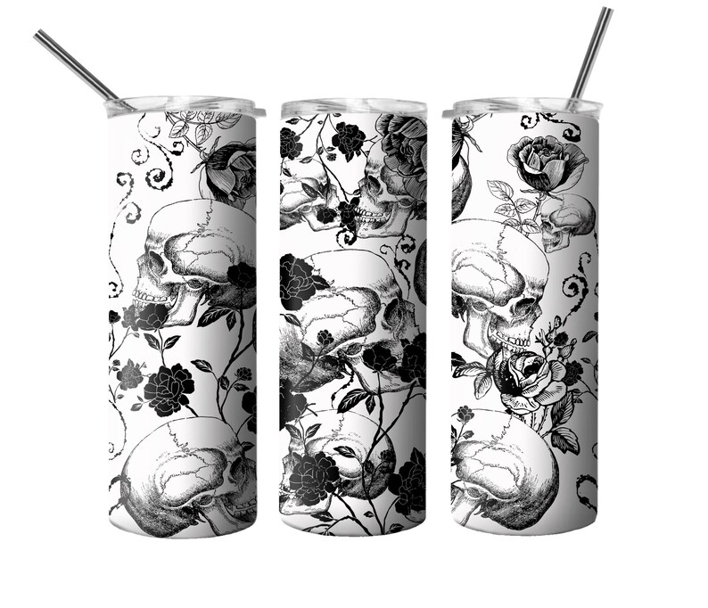 May include: Three stainless steel tumblers with a black and white design of skulls and roses. The tumblers have lids and straws.