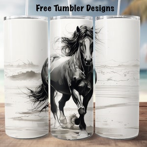 design de copo de cavalo para sublimação, esboço de tinta de garanhão selvagem na praia png, envoltório de copo reto magro de 20 onças, envoltório de copo para amante de cavalos imagem 1