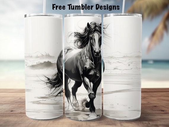 horse Tumbler design for sublimation, ink sketch of wild stallion on beach png,  20oz Skinny straight Tumbler Wrap, horse lover Tumbler wrap