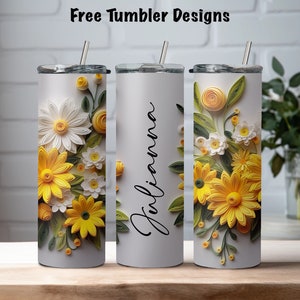 yellow 3d floral Seamless tumbler design, add your own text or name, personalize png sublimation, 20oz Skinny straight Tumbler Wrap download image 4