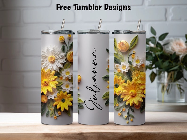 yellow 3d floral Seamless tumbler design, add your own text or name, personalize png sublimation, 20oz Skinny straight Tumbler Wrap download image 4