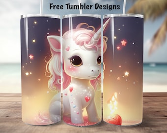 May include: A white unicorn with pink hair and a gold horn sits on a pink and white sparkly background. The unicorn has a pink heart on its cheek and other hearts and stars on its body. The background is a gradient of pink, orange, and yellow.