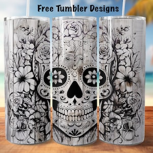 Seamless tumbler design, sugar skull and flowers on wood png , day of the dead png for sublimation, 20oz Skinny straight Tumbler Wrap