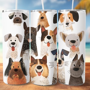 Emballage de gobelet pour amoureux des chiens, design illustré de gobelet pour chien, dessin animé chiot png, pour sublimation, emballage de gobelet droit skinny 20 oz, téléchargement