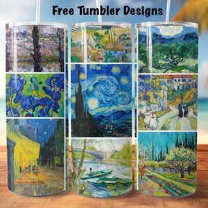 May include: A set of three stainless steel tumblers featuring a collage of famous Vincent van Gogh paintings. The tumblers depict images of Starry Night, Irises, and other iconic works.