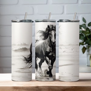 design de copo de cavalo para sublimação, esboço de tinta de garanhão selvagem na praia png, envoltório de copo reto magro de 20 onças, envoltório de copo para amante de cavalos imagem 5