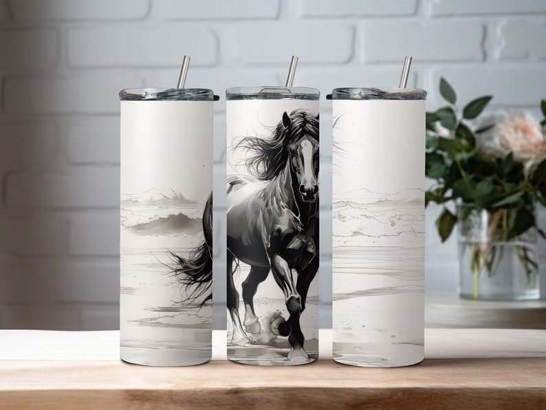 design de copo de cavalo para sublimação, esboço de tinta de garanhão selvagem na praia png, envoltório de copo reto magro de 20 onças, envoltório de copo para amante de cavalos imagem 5