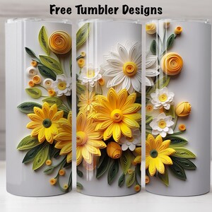 Nahtloses Tumbler Design mit gelben und weißen 3D Blumen, Quilling Png für Sublimation, 20 Unzen Skinny Straight Tumbler Wrap, digitaler Download