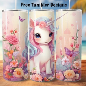 Seamless unicorn Tumbler design, 20oz Skinny straight Tumbler Wrap for girl, colorful unicorn with flowers and butterflies png for download