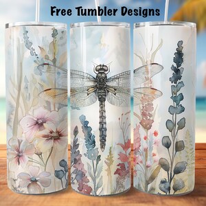 Dragonfly Tumbler wrap design , flowers and dragonfly watercolour png for sublimation, 20oz Skinny straight Tumbler Wrap for download