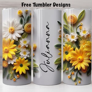 yellow 3d floral Seamless tumbler design, add your own text or name, personalize png sublimation, 20oz Skinny straight Tumbler Wrap download image 3