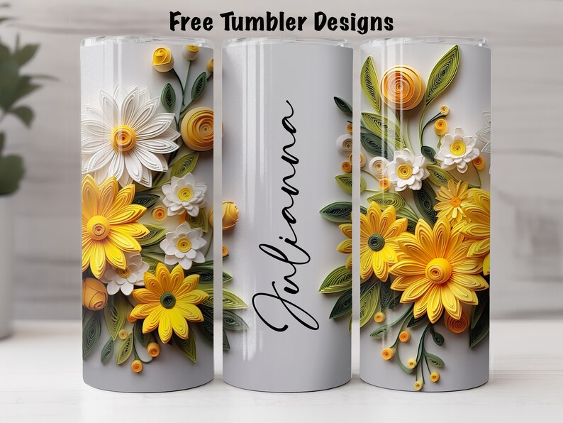 yellow 3d floral Seamless tumbler design, add your own text or name, personalize png sublimation, 20oz Skinny straight Tumbler Wrap download image 3