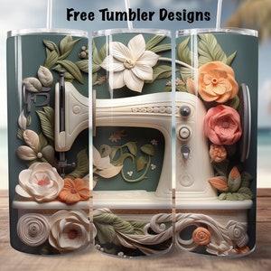May include: A white vintage sewing machine with floral details on a teal background. The machine is surrounded by white, peach, and pink flowers. The design is perfect for a tumbler.