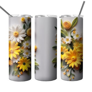 yellow 3d floral Seamless tumbler design, add your own text or name, personalize png sublimation, 20oz Skinny straight Tumbler Wrap download image 2