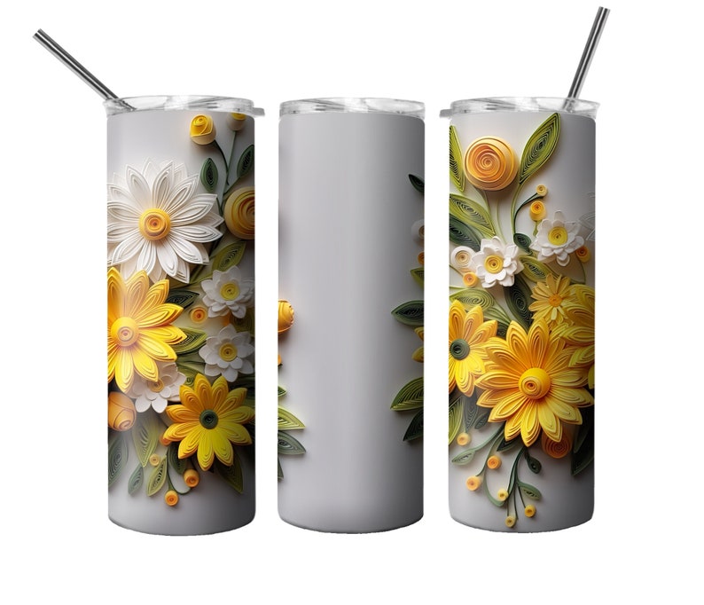 yellow 3d floral Seamless tumbler design, add your own text or name, personalize png sublimation, 20oz Skinny straight Tumbler Wrap download image 2