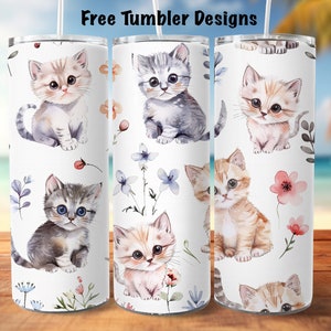 Kittens Tumbler wrap Png, cute cats and flowers, watercolor baby animal for sublimation, 20oz Skinny straight Tumbler Wrap, digital download