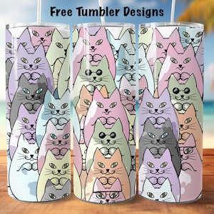 Nahtloser Tumbler Design bunte Katzen Collage, Katzenliebhaber Becher png, 20 Unzen dünner gerader Tumbler Wrap für Sublimation, sofortiger Download