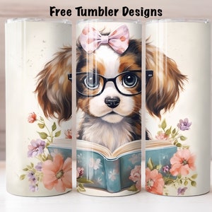Cute puppy with glasses flowers and book Tumbler wrap, book lover png for sublimation, 20oz Skinny straight Tumbler Wrap, dog loverdownload