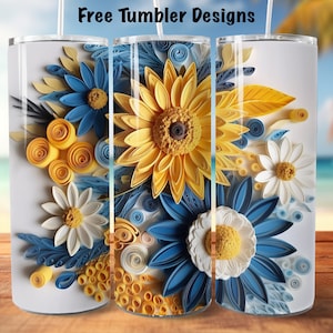 Nahtloses Tumbler Design mit gelben und blauen 3D Blumen, Quilling Png für Sublimation, 20 Unzen Skinny Straight Tumbler Wrap, digitaler Download