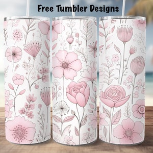 Pink boho flowers Seamless tumbler wrap, line art floral png for sublimation, doodle flower 20oz Skinny straight Tumbler Wrap,  download