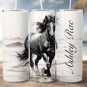 design de copo de cavalo para sublimação, esboço de tinta de garanhão selvagem na praia png, envoltório de copo reto magro de 20 onças, envoltório de copo para amante de cavalos imagem 2