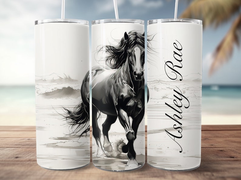 design de copo de cavalo para sublimação, esboço de tinta de garanhão selvagem na praia png, envoltório de copo reto magro de 20 onças, envoltório de copo para amante de cavalos imagem 2