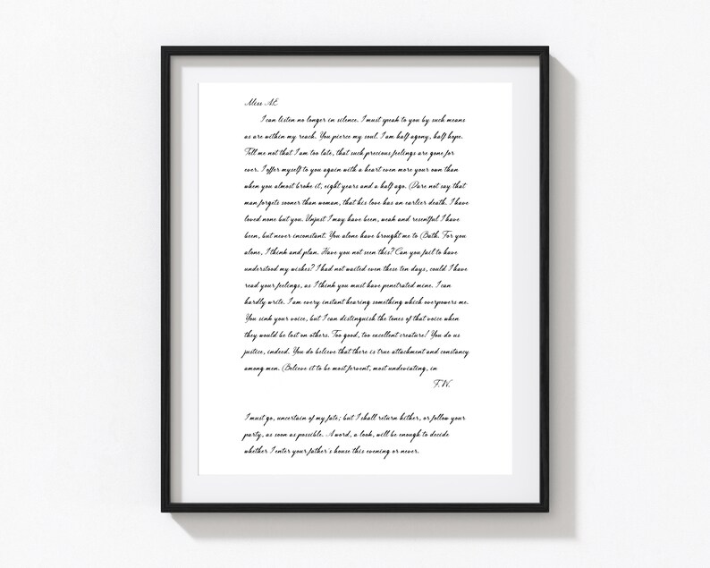 Puede incluir: Una carta enmarcada en blanco y negro con un mensaje escrito a mano en letra cursiva. La carta est&aacute; dirigida a "Miss M" y habla sobre los sentimientos y pensamientos del escritor sobre el destinatario. La carta est&aacute; fechada con "TW" en la parte inferior.