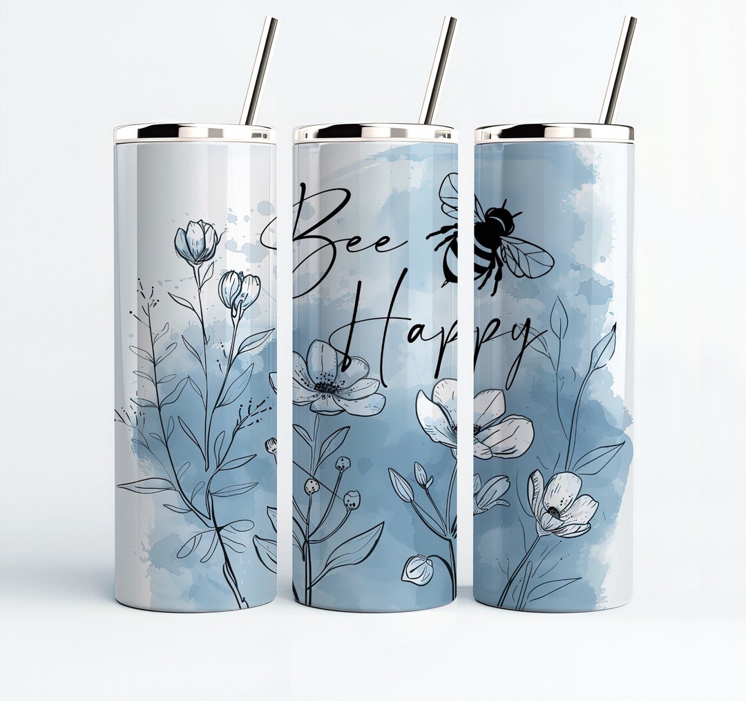 Bee Happy Tumbler Wrap, Wildflowers Line Art Inspirational Seamless Png ...